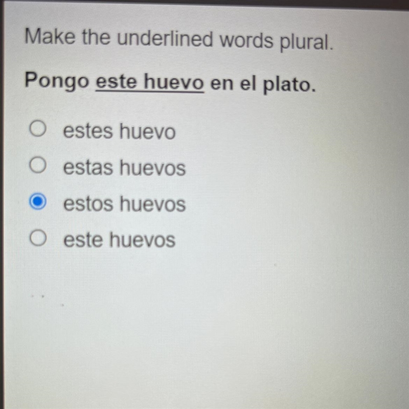 Make the underlined words plural. Pongo este huevo en el plato. O estes huevo O estas-example-1