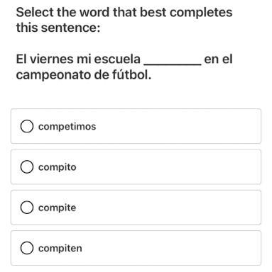 El viernes mi escuela en el campeonato de fútbol. competimos compito compite compiten-example-1