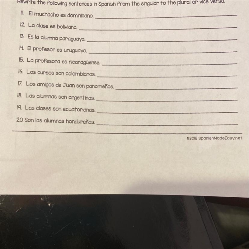 Rewrite the following sentences in Spanish from the singular to the plural or vice-example-1