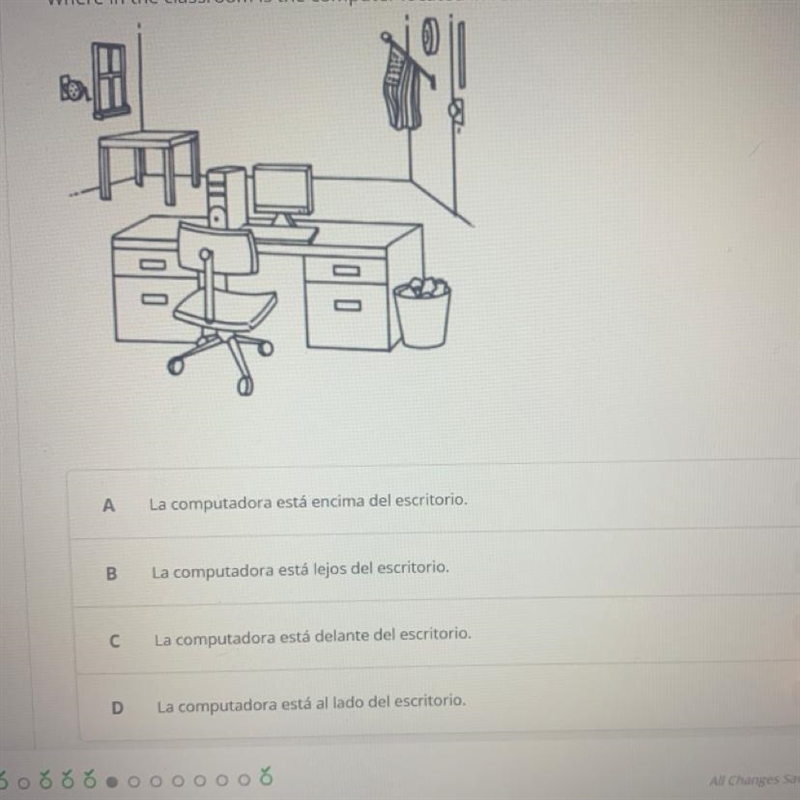 Where in the classroom is the computer located in relation to the desk?-example-1