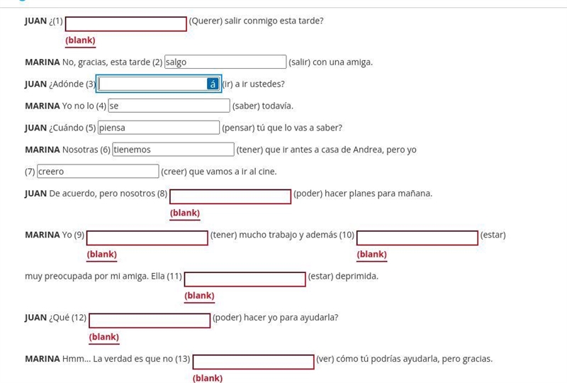 Juan quiere salir con Marina, pero ella no está muy interesada. Completa la conversaci-example-1