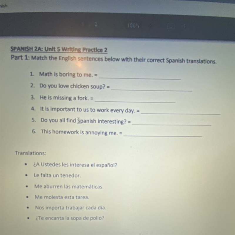 Part 1 unit 5 writing assignment 2 Spanish 2A-example-1