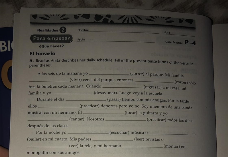 El horario -Read as Anita describes her daily schedule. Fill in the present tense-example-1