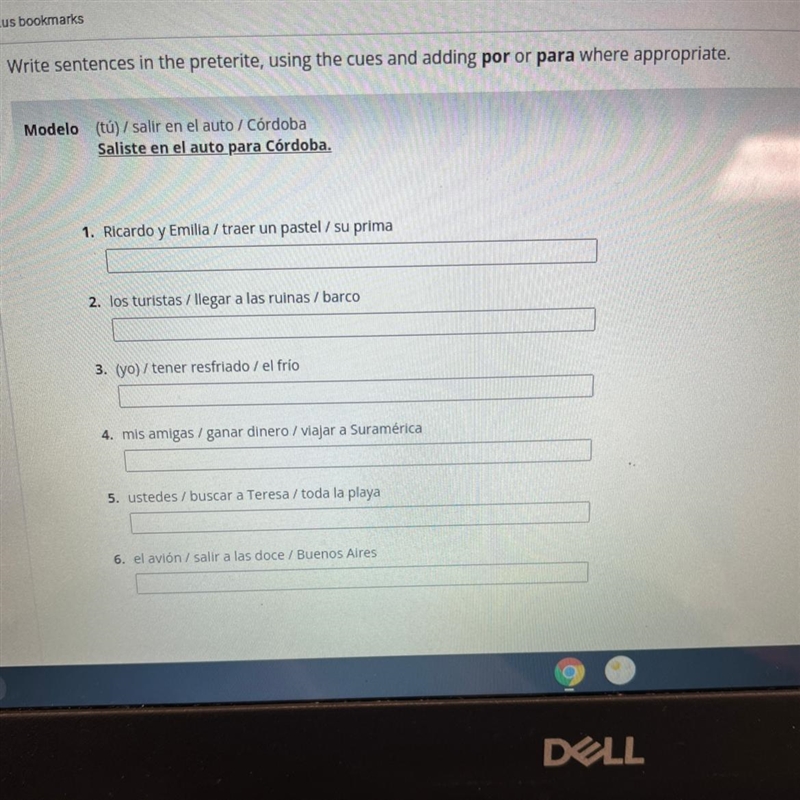 Write sentences in the preterite, using the cues and adding por or para where appropriate-example-1