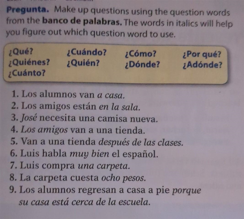 Make up questions using the question words from the banco de palabras. The words in-example-1