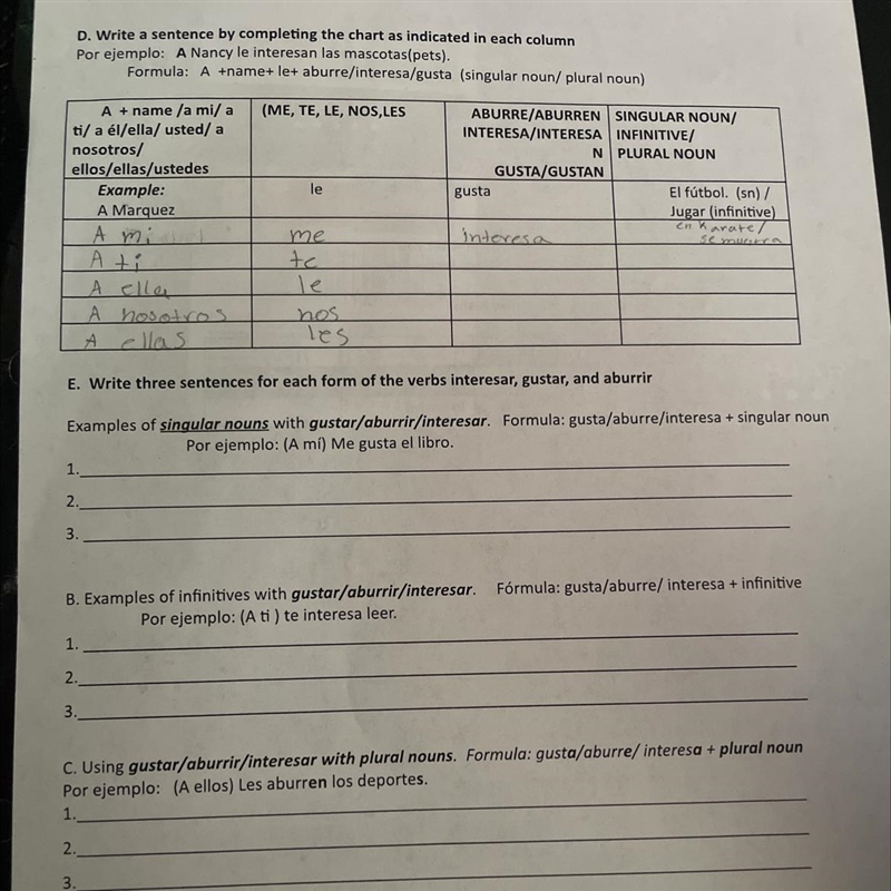 D. Write a sentence by completing the chart as indicated in each column E. Write three-example-1