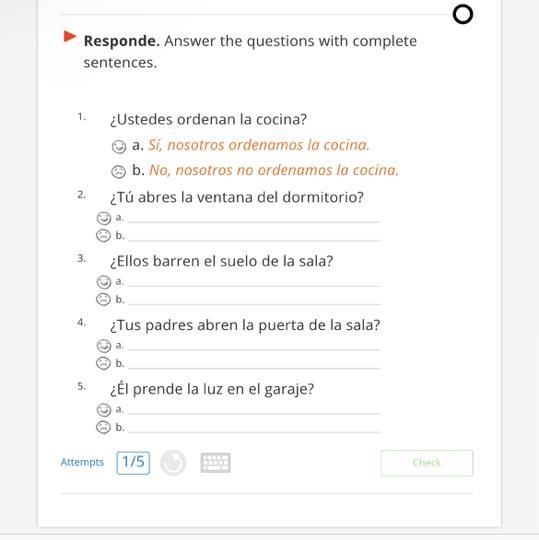 ¿Ustedes ordenan la cocina? © a. Sí, nosotros ordenamos la cocina. © b. No, nosotros-example-1