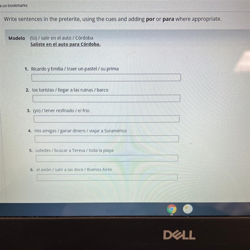 Please help Spanish !! Write sentences in the preterite, using the cues and adding-example-1