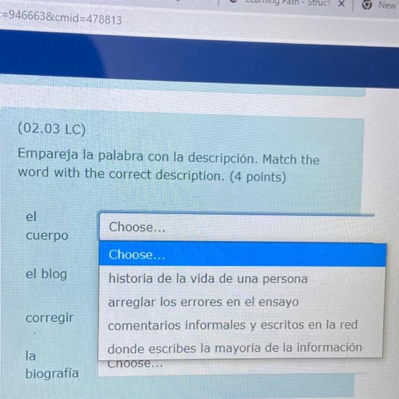 WILL MARK BRAINALIST IF CORRECT NEED SPANISH HELP Match the 4 words of the correct-example-1